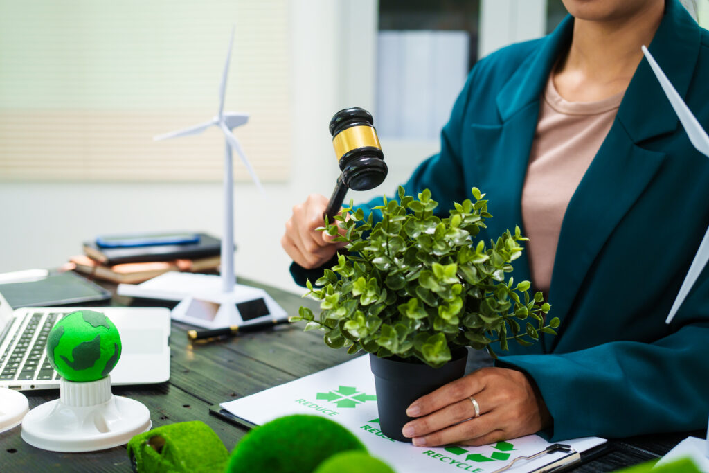 An Asian businesswoman desk discusses environmental laws, clean energy,wind turbines,sustainable